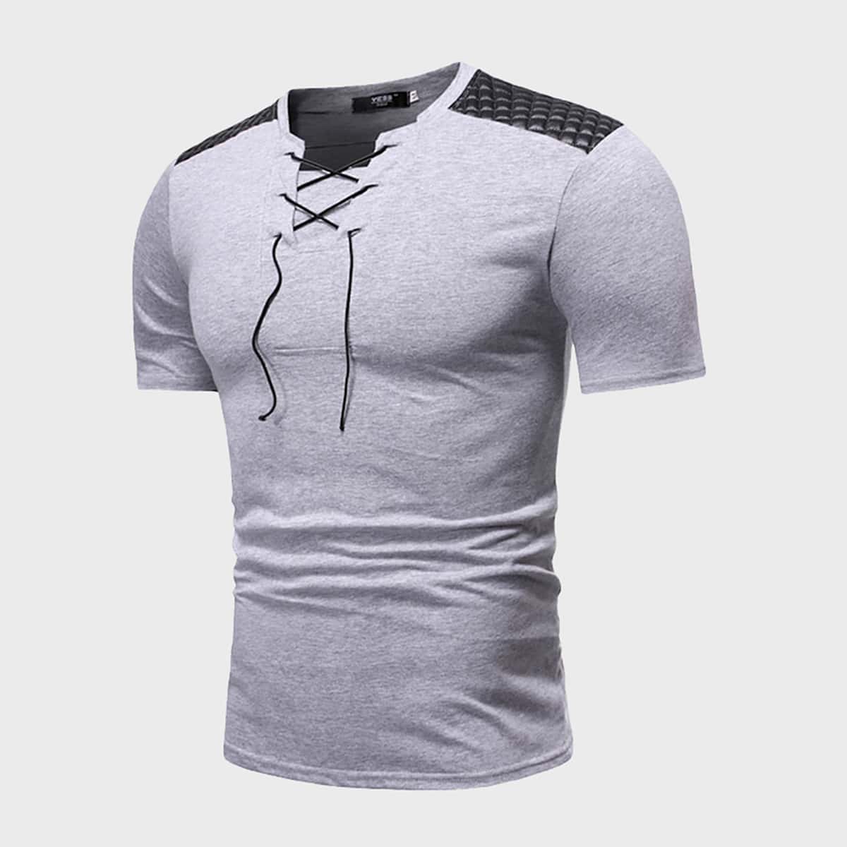 

Guys Contrast PU Panel Lace Up Front Tee, Grey