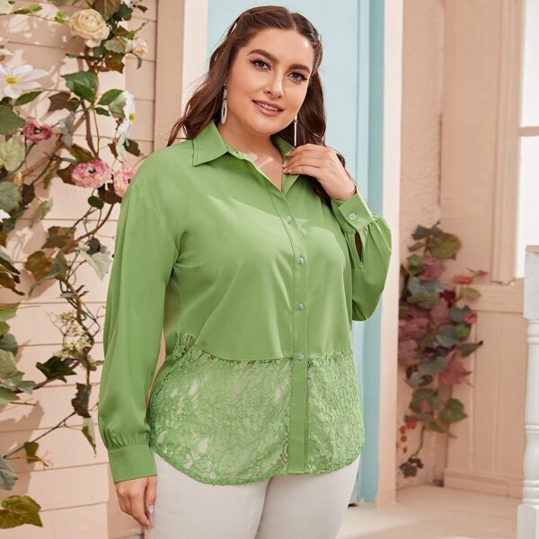 

Plus Lace Panel Button Front Blouse, Green