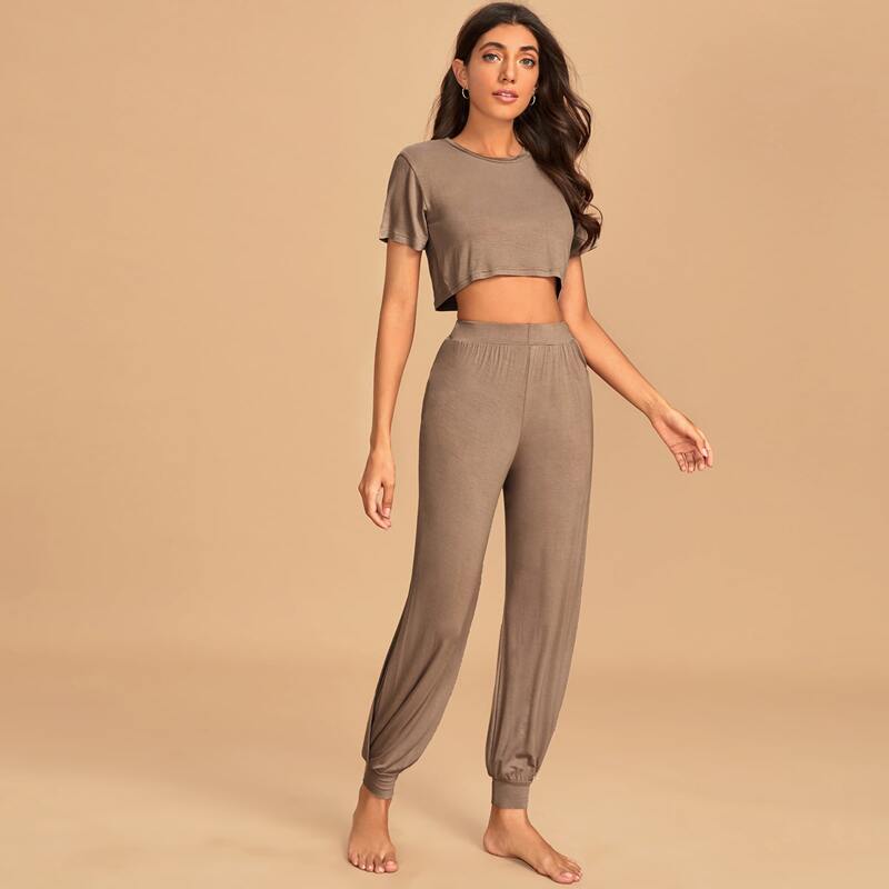 

Solid Crop Tee & Pants Modal PJ Set, Grey