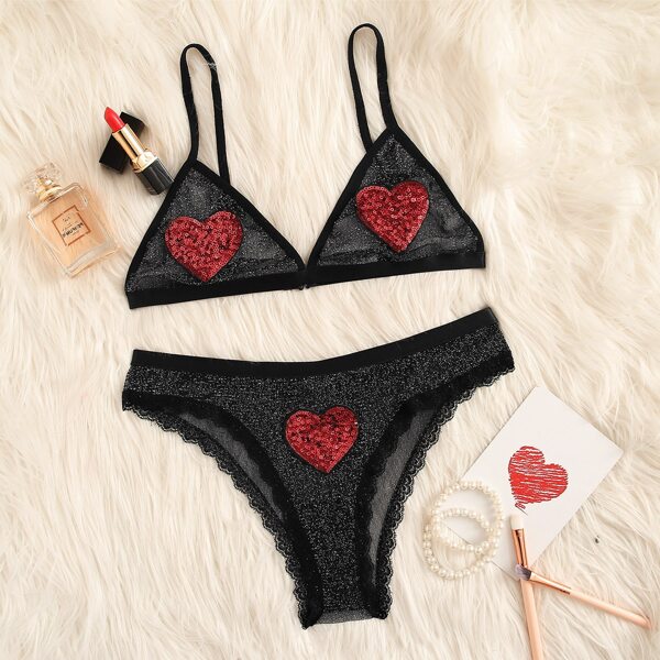 

Heart Shaped Sequin Glitter Lingerie Set, Black