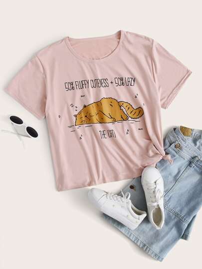 Plus Slogan & Cartoon Graphic Tee
