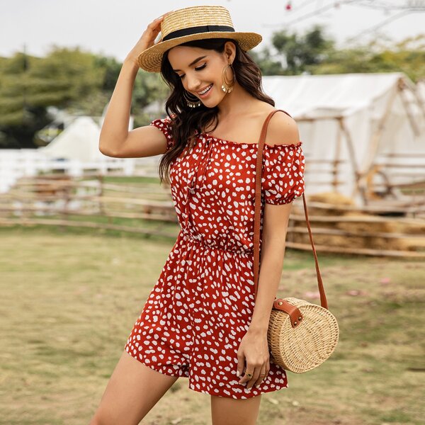 

Off Shoulder All Over Print Romper, Red