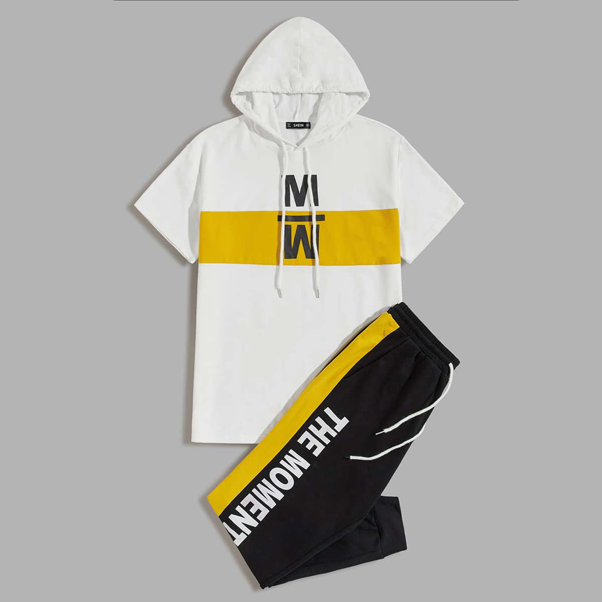 

Guys Short Sleeve Letter Graphic Hoodie & Sweatpants Set, Black and white