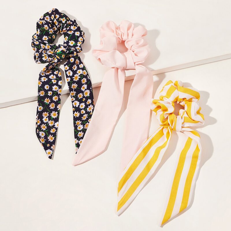 

3 pieces Daisy & Striped Pattern Scrunchie Scarf, Multicolor