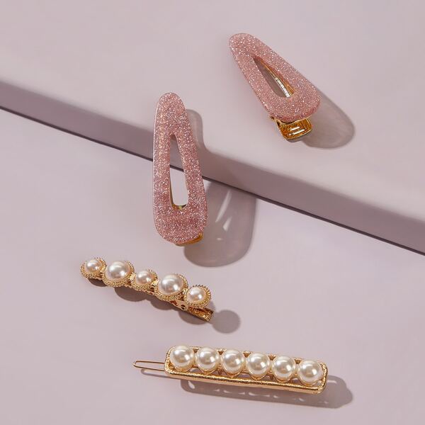 

4pcs Glitter Pearl Decor Hair Clip, Multicolor