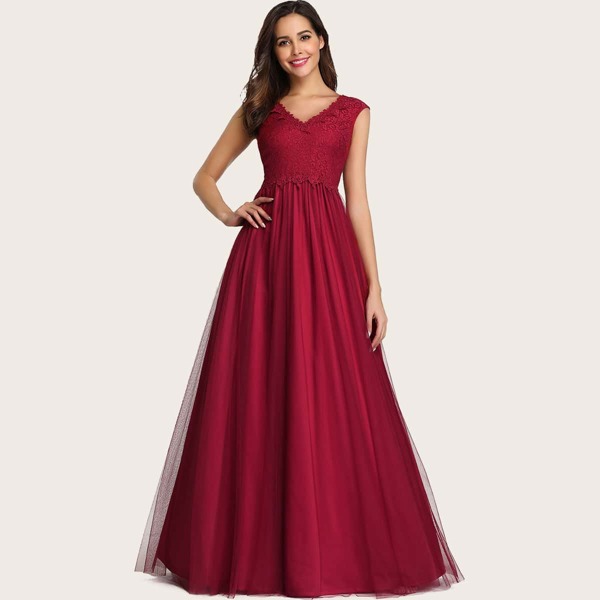 

Crisscross Back Lace Bodice Mesh Formal Dress, Burgundy