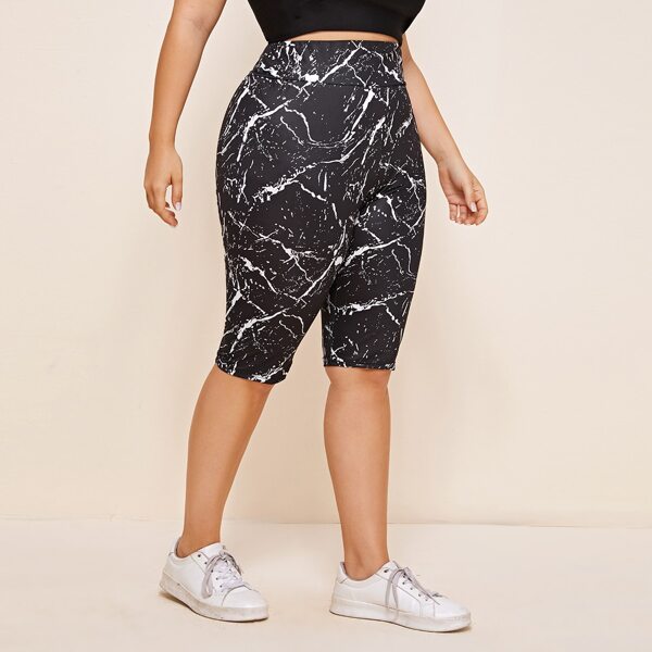 

Plus Marble Print Wide Waistband Leggings, Black