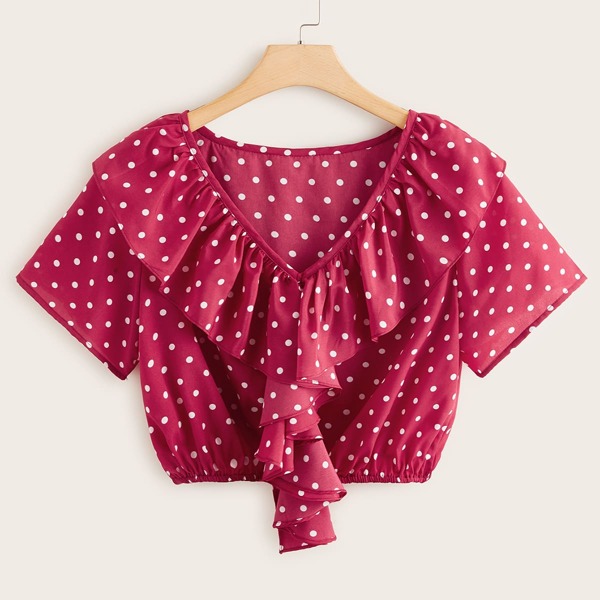 

Plus Polka Dot Print Ruffle Trim Blouse, Burgundy