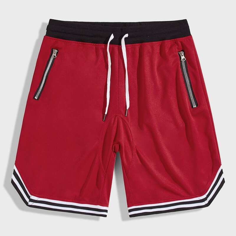 

Guys Drawstring Waist Zip Detail Striped Athletic Shorts, Red