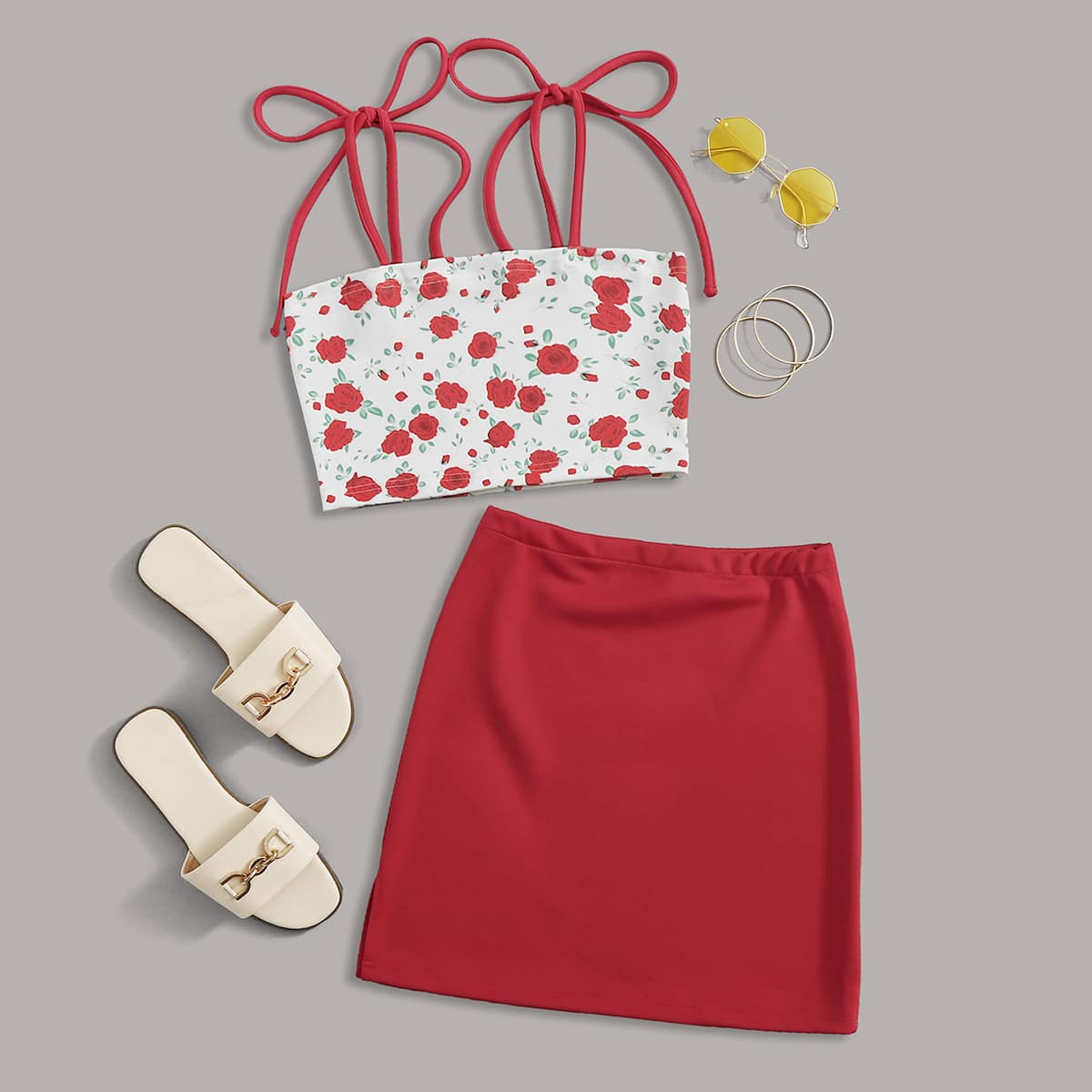 

Tie Strap Floral Cami & Skirt, Multicolor