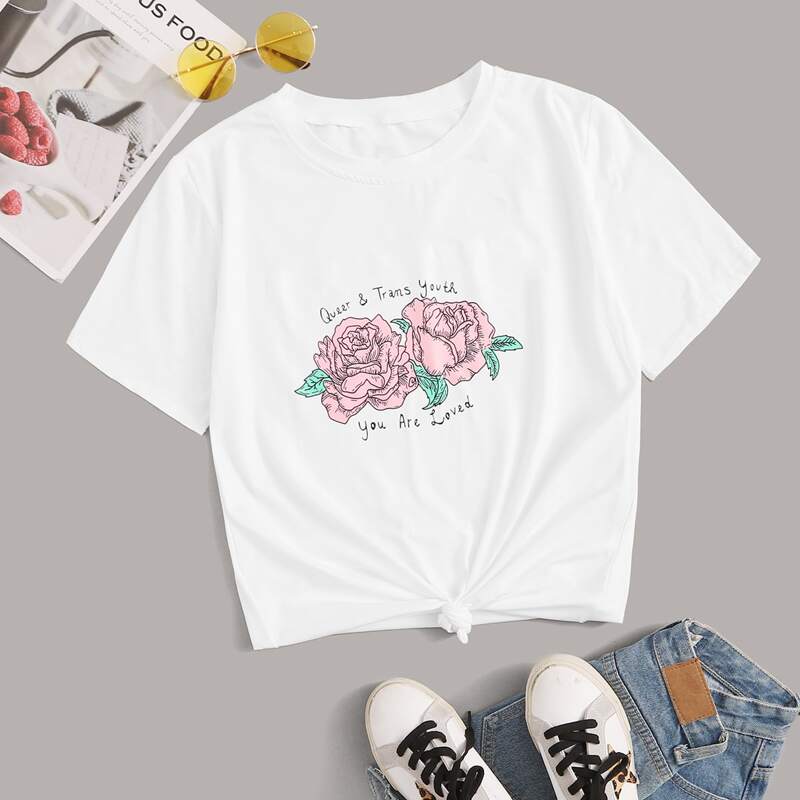 

Floral & Letter Graphic White Tee