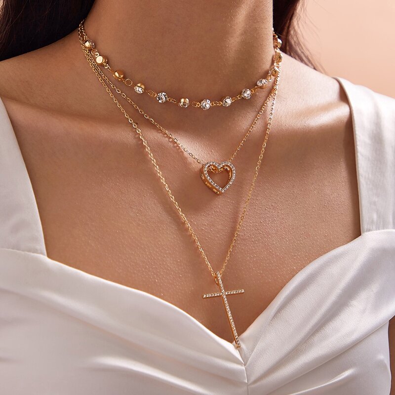 

1pc Rhinestone Engraved Cross Charm Layered Necklace, Gold