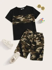SHEIN Boys Camo Panel Top & Elastic Waist Shorts Set - Multicolor - View 1