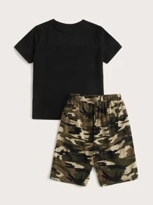 SHEIN Boys Camo Panel Top & Elastic Waist Shorts Set - Multicolor - View 2