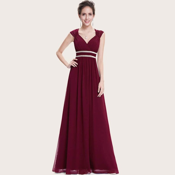 

Ruched Bodice Beaded Tape Detail Chiffon Prom Dress, Burgundy