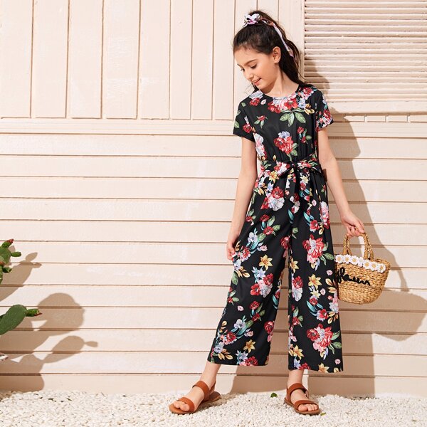 

Girls Floral Print Belted Palazzo Jumpsuit, Multicolor