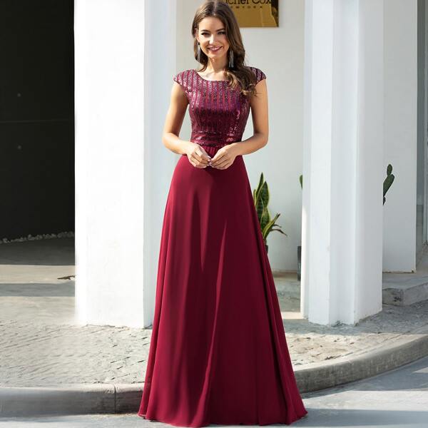 

Sequin Bodice Chiffon Formal Dress, Burgundy