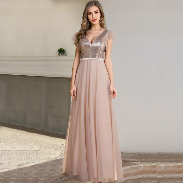 

Flutter Sleeve Sequin Bodice Mesh Prom Dress, Pink