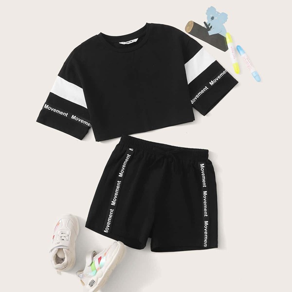 

Girls Drop Shoulder Letter Tape Detail Crop Top & Shorts Set, Black