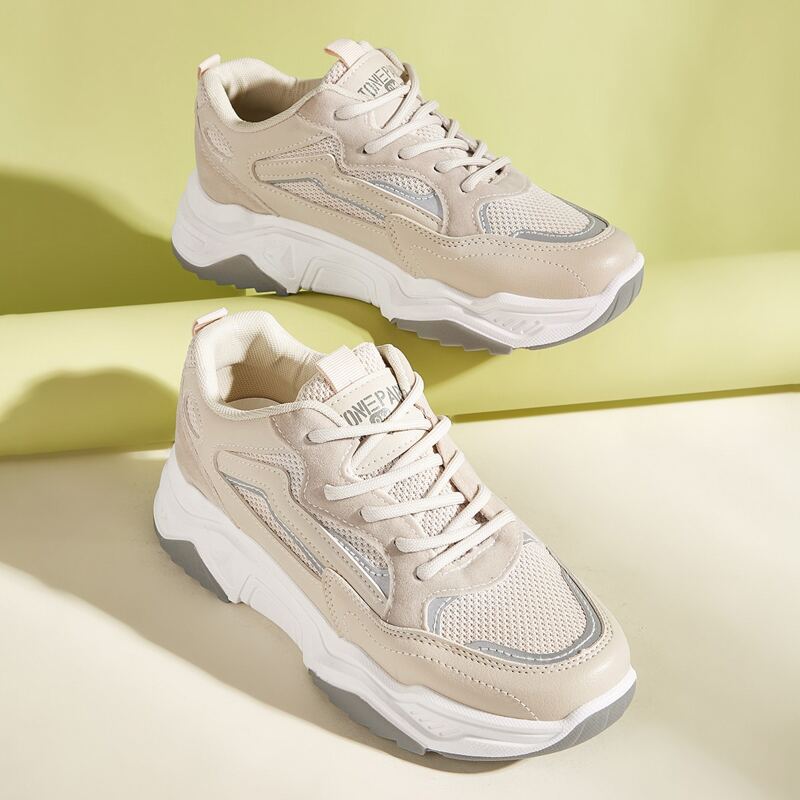 

Lace-up Front Mesh Panel Sneakers, Beige