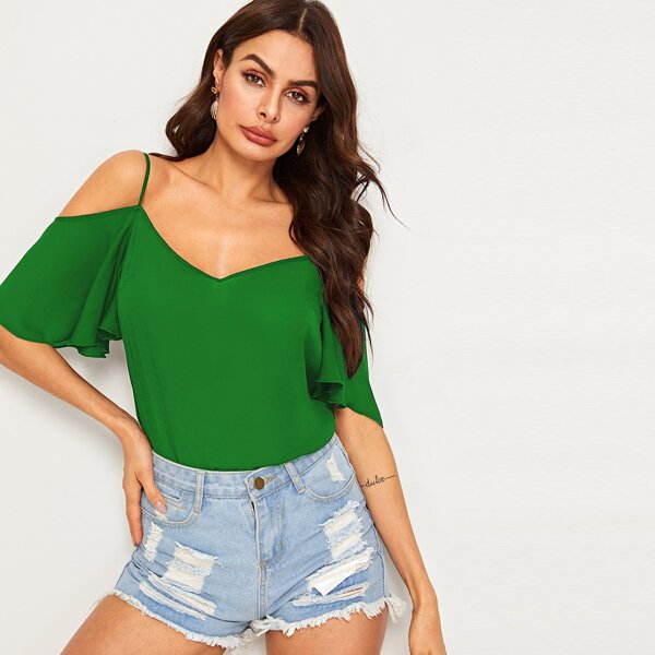 

Cold Shoulder Flutter Sleeve Top, Green bright