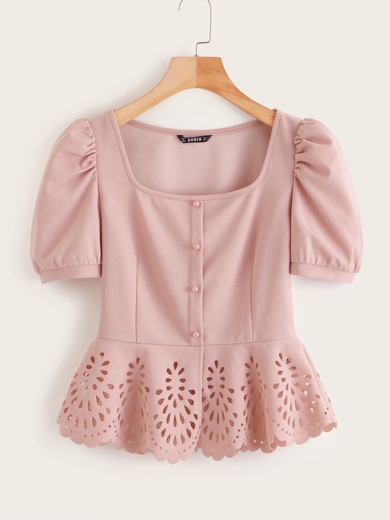SHEIN Clasi Plus Button Front Scallop Edge Laser Cut Peplum Top - Pink - View 1