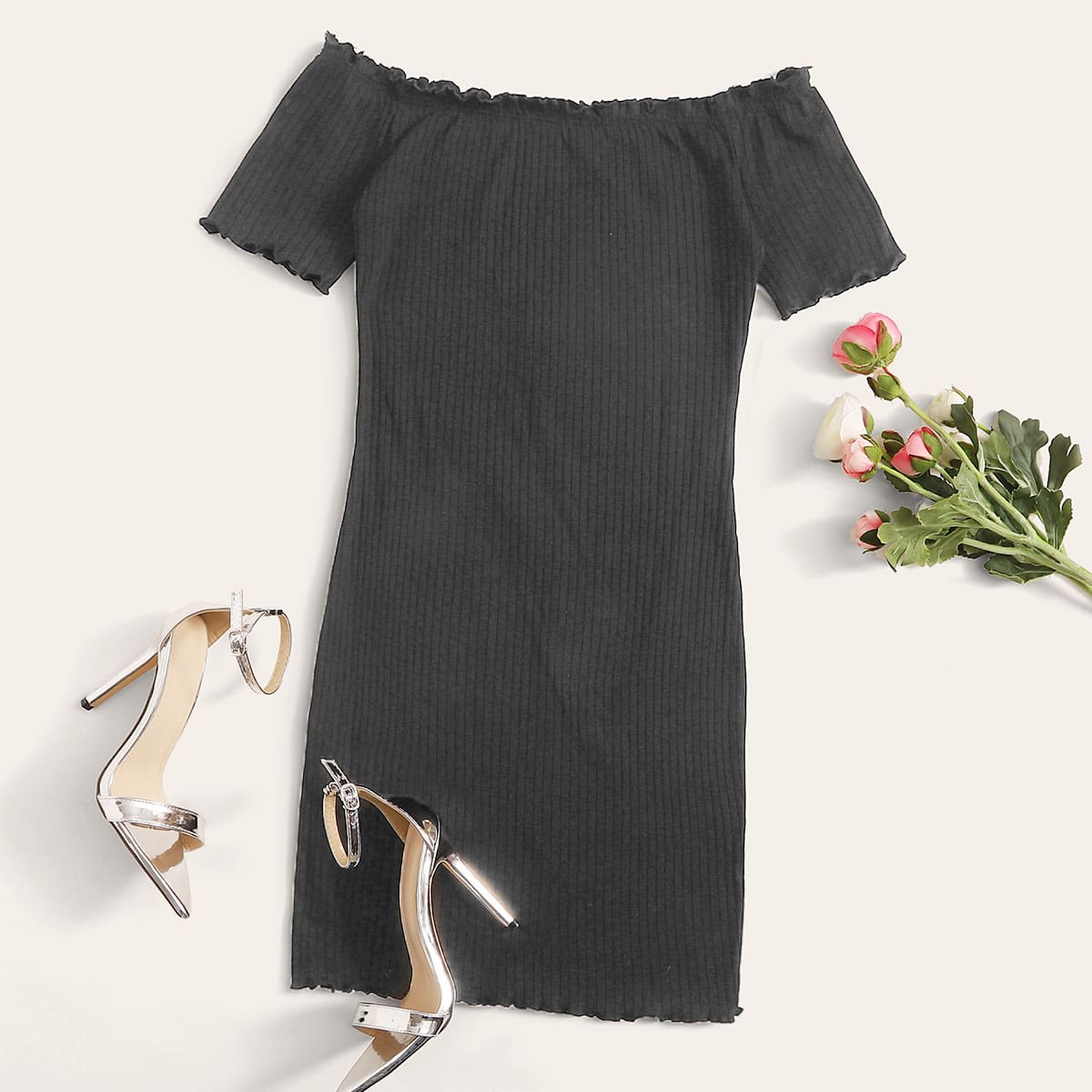 

Off Shoulder Lettuce Trim Rib-knit Dress, Grey