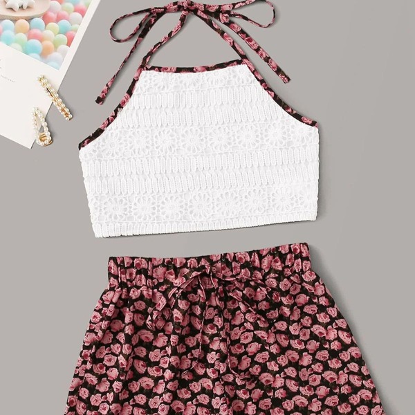 

Plus Crochet Contrast Binding Halter Top With Floral Shorts, Multicolor