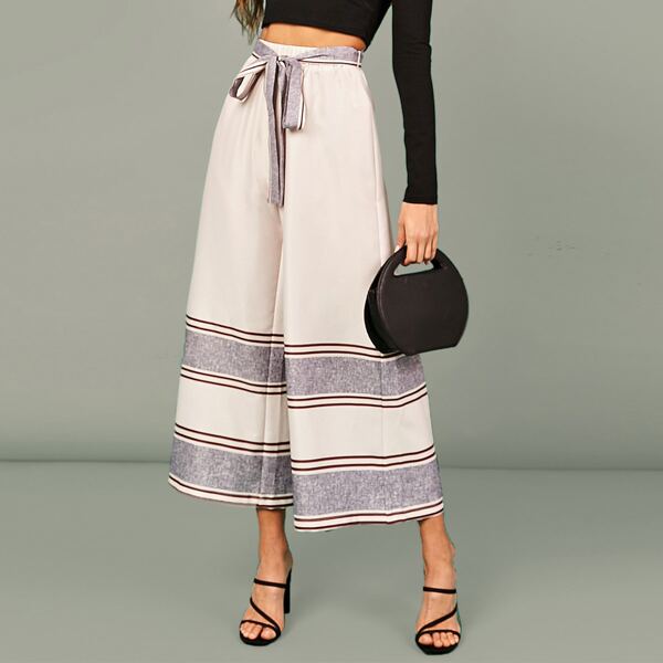

Elastic Waist Colorblock Belted Palazzo Pants, Beige