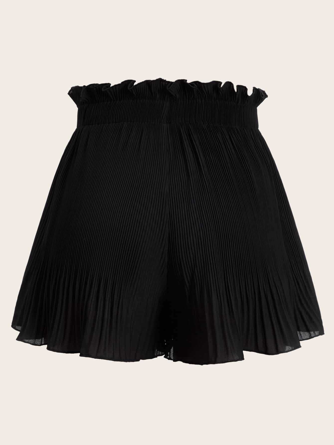 SHEIN EZwear Ruffle Waist Pleated Shorts - Black - View 2