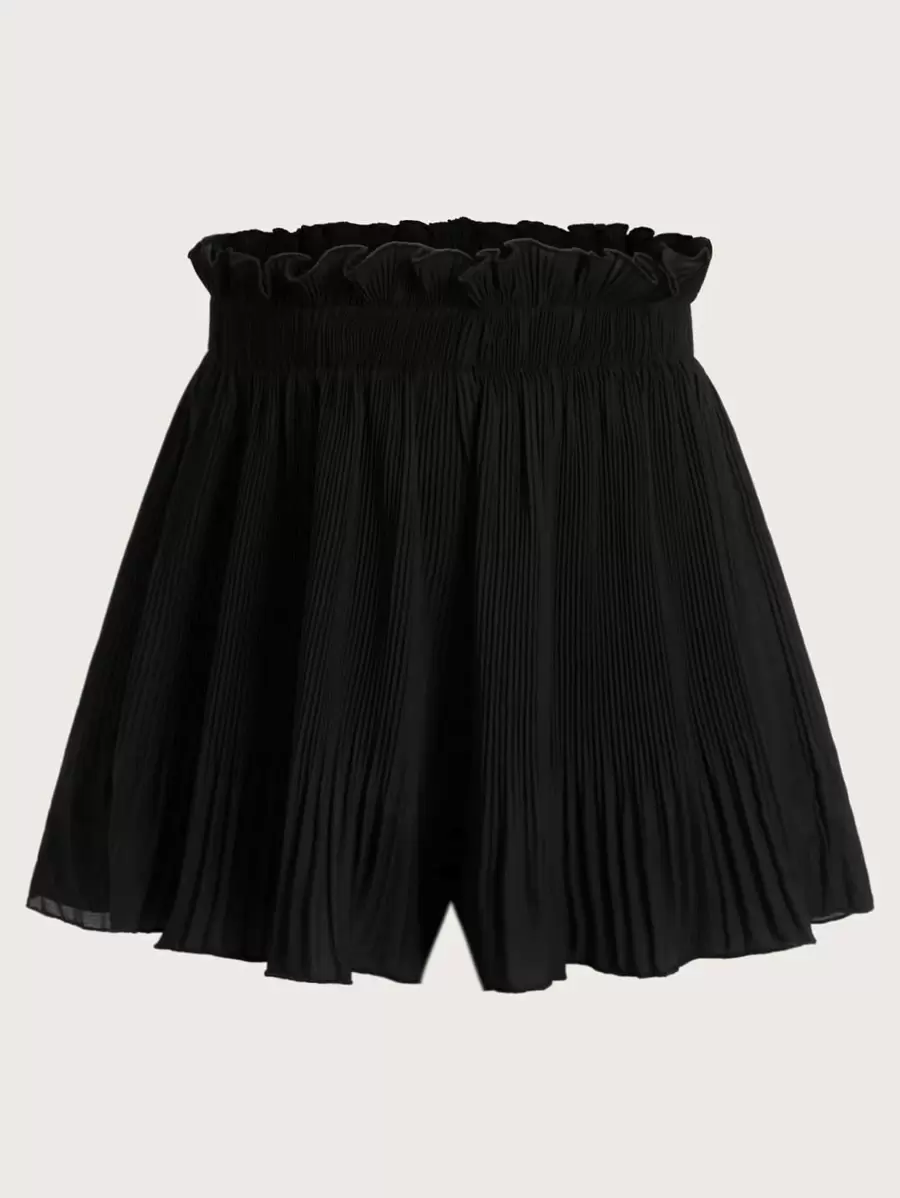 SHEIN EZwear Ruffle Waist Pleated Shorts - Black - View 1