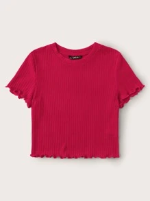 SHEIN Qutie Top corto tejido de canalé ribete en forma de lechuga - Rojo - Ver 3