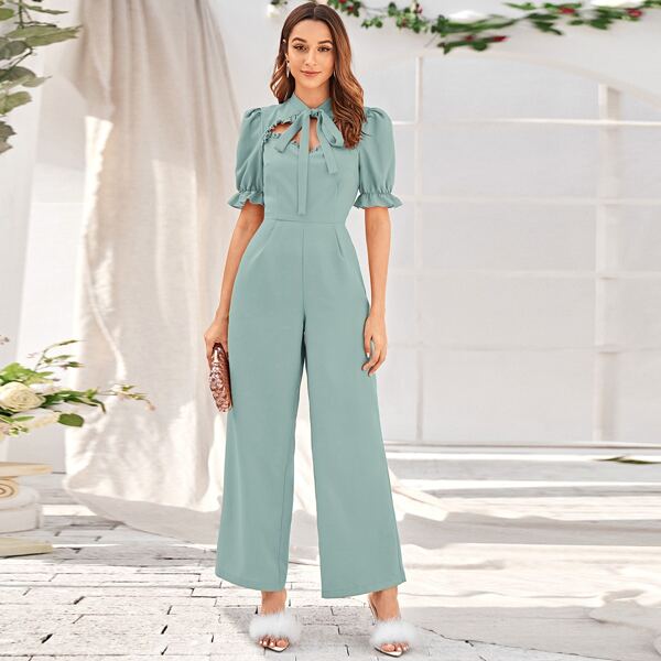 

Peekaboo Tie Neck Puff Sleeve Culotte Jumpsuit, Green