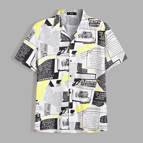 

Men Notch Collar Newspaper Print Shirt, Multicolor