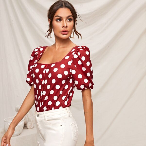 

Square Neck Puff Sleeve Polka Dot Tee, Burgundy