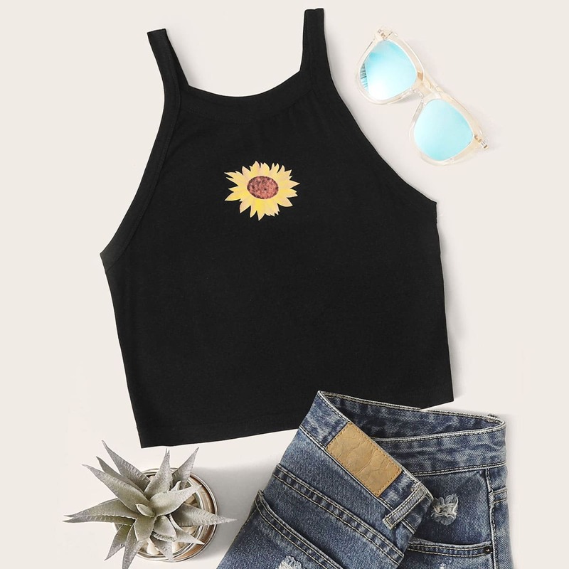 

Floral Print Halterneck Top, Black