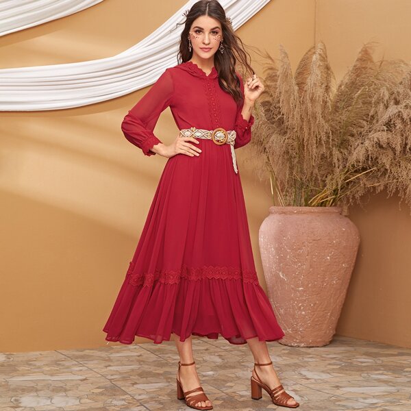 

Guipure Lace Trim Ruffle Hem Dress, Red