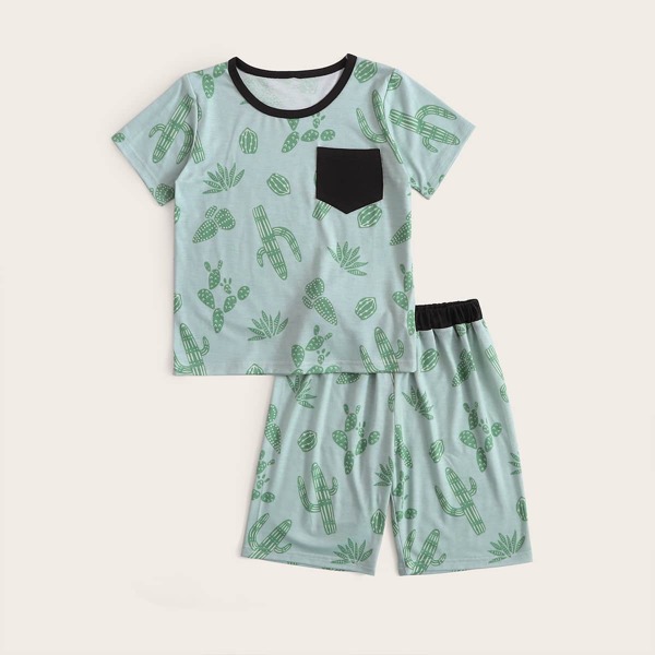 

Boys Contrast Pocket Plants Print PJ Set, Green