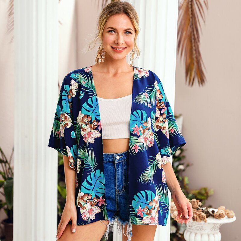 

Drop Shoulder Tropical Print Kimono, Navy blue