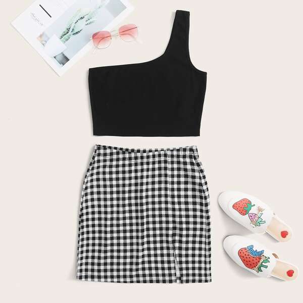 

One Shoulder Crop Top & Buffalo Plaid Skirt Set, Black and white