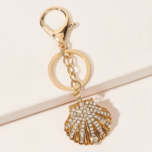 

Rhinestone Engraved Shell Charm Keychain, Gold