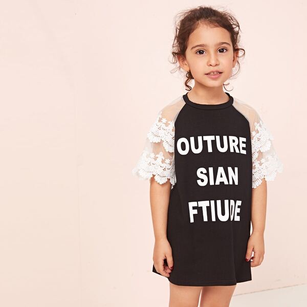 

Toddler Girls Contrast Mesh Sleeve Letter Graphic Tee Dress, Black