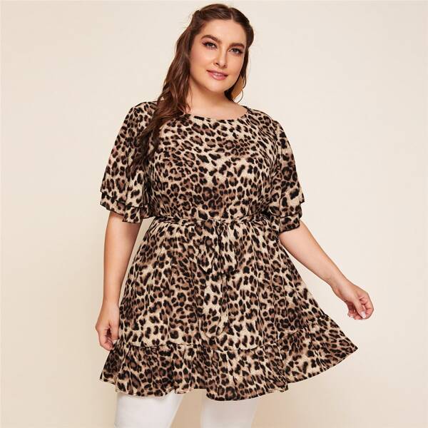 

Plus Double Layer Sleeve Ruffle Hem Belted Leopard Top, Multicolor