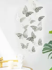 12入組3D蝴蝶牆貼玫瑰金空心紙蝴蝶牆貼花適用於家庭臥室裝飾