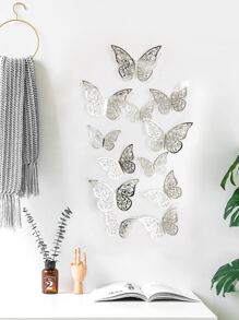 12入組3D蝴蝶牆貼玫瑰金空心紙蝴蝶牆貼花適用於家庭臥室裝飾