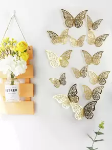 12入組3D蝴蝶牆貼玫瑰金空心紙蝴蝶牆貼花適用於家庭臥室裝飾