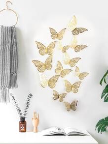 12入組3D蝴蝶牆貼玫瑰金空心紙蝴蝶牆貼花適用於家庭臥室裝飾