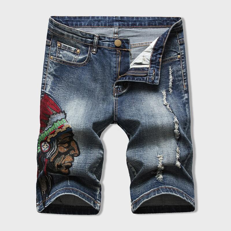 

Guys Figure Embroidery Ripped Denim Shorts, Blue