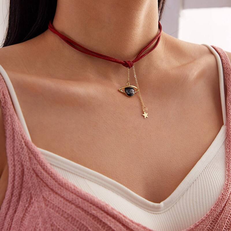 

1pc Planet & Star Charm PU Choker, Red