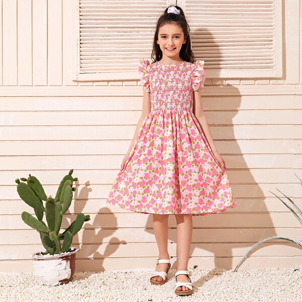 

Girls Ruffle Trim Shirred Bodice Floral Print Dress, Pink